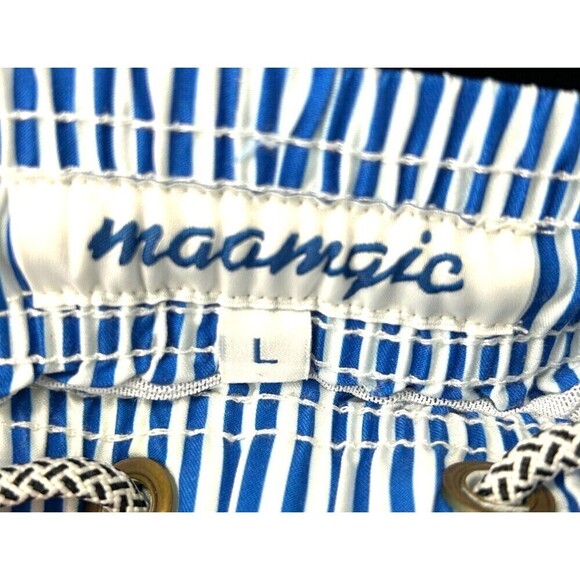 2 Maamgic Mens L Swim Trunks Blue Shark Stripe Shorts Liner Pocket 5 Inch Inseam - Picture 10 of 12